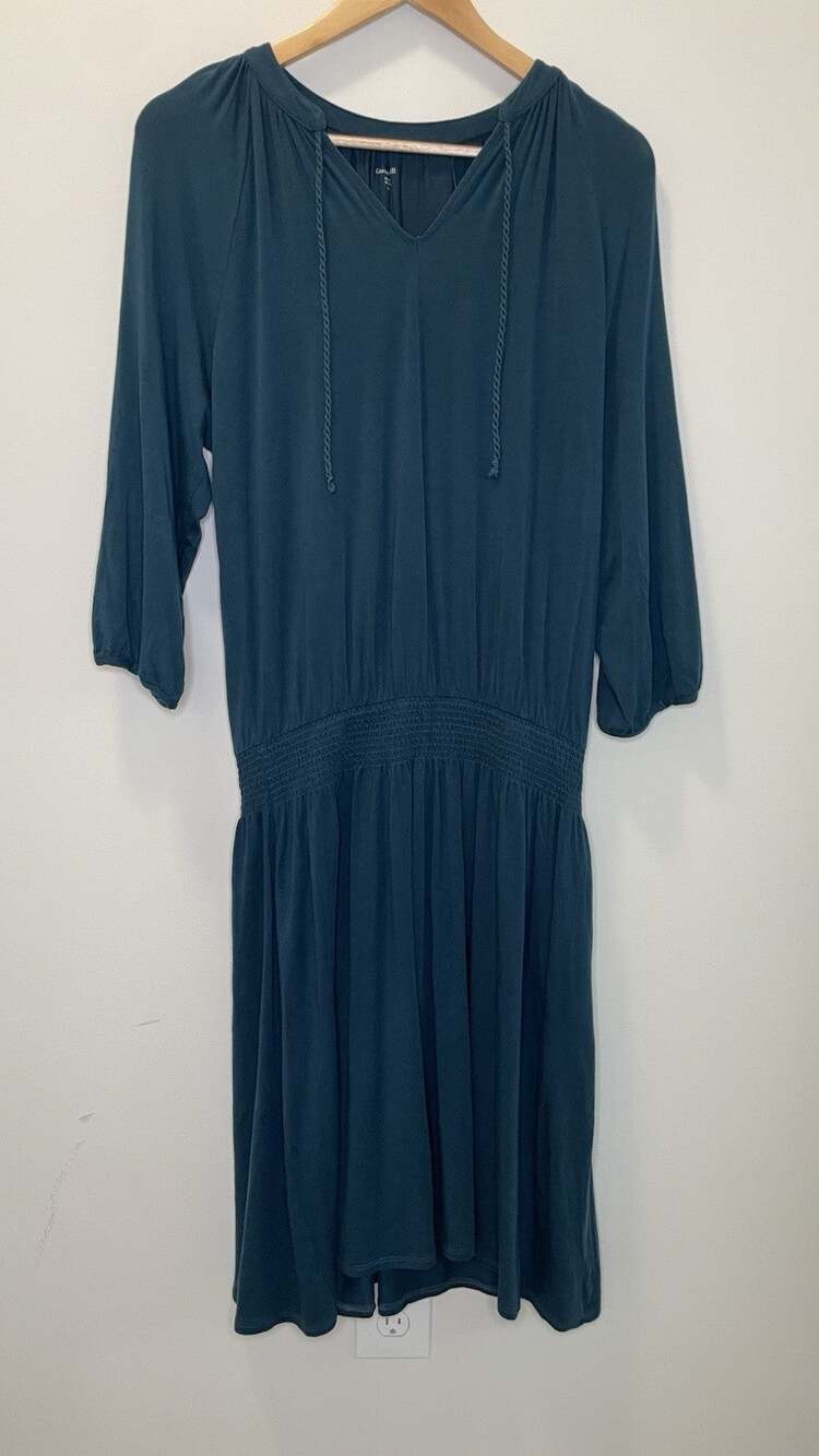Garnet Hill V-Neck Smock Waist Tencell Blouson Boho Dress Aqua Green Medium